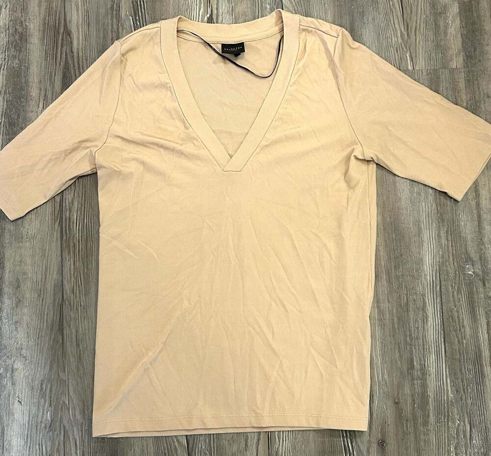 Selected Femme Beige Ribbed V-Neck Short Sleeve Top